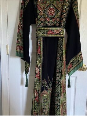 Embroidered Black Thobe with Green & Red Accents
